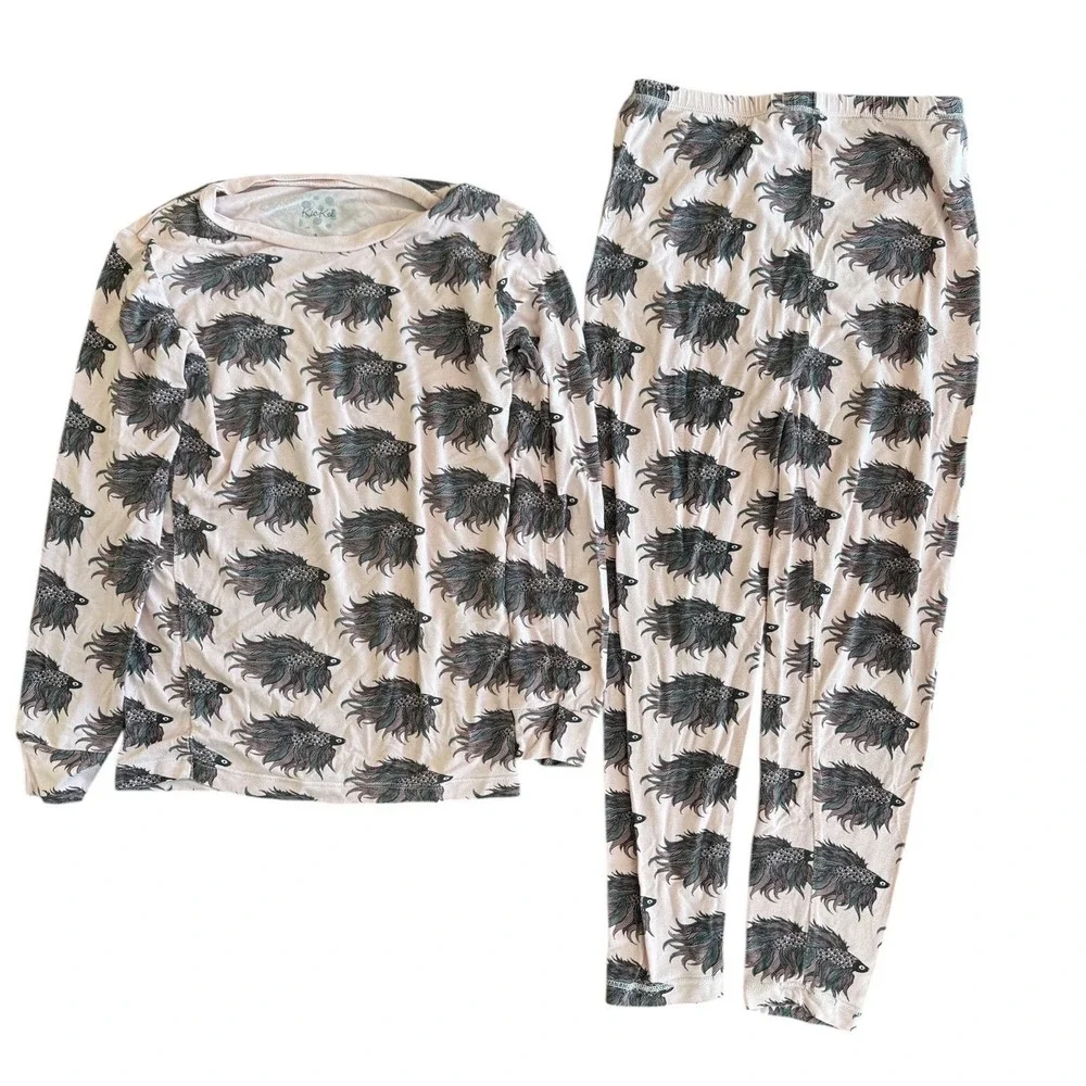 Kickee Pants Bamboo Long Sleeve Pajama Set‎  Baby Rose Neutral Beta Fish Girls 8